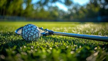 A lacrosse stick and ball on the grass photo