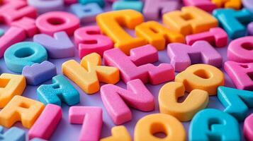 Colorful plastic letters are arranged in a pattern photo