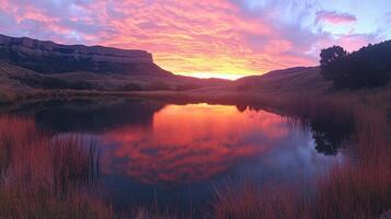 A sunset over a lake with tall grass and mountains photo