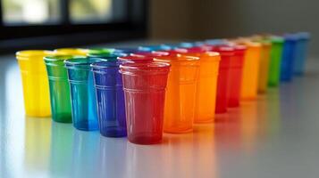 A row of colorful plastic cups photo