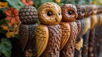 Wooden owl figurines on a wooden fence photo