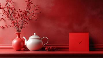 A red wall with a vase and a teapot photo