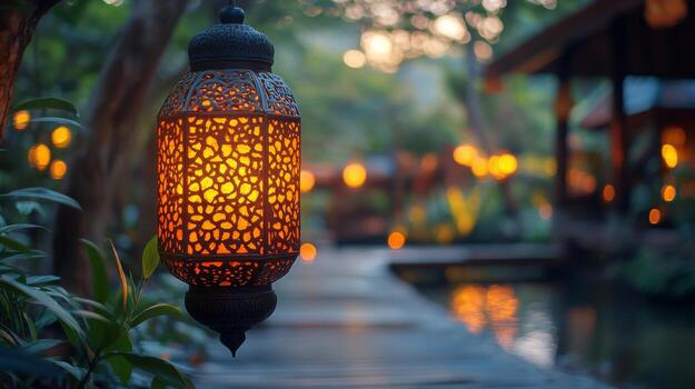 A lamp hanging from a bridge over a river photo