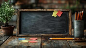 Chalkboard with sticky notes and pencils on wooden table photo