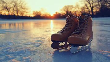 Ice skates on a frozen lake at sunset photo