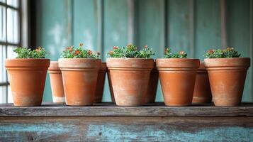 A row of clay pots with flowers in them photo