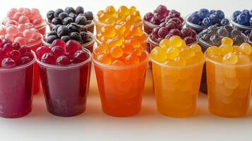 Colorful assortment of jellies in clear cups arranged on a table photo