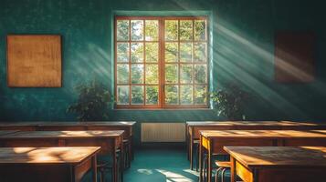 An empty classroom with sunlight shining through the window photo
