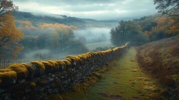A stone wall with moss on it in the middle of a foggy day photo