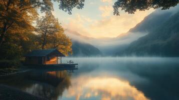 A small cabin sits on the shore of a lake at sunrise photo
