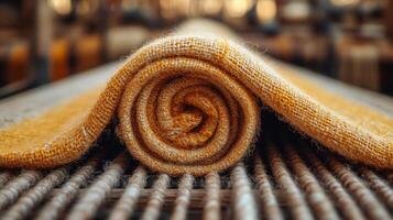 A yellow and white rolled up fabric on a loom photo
