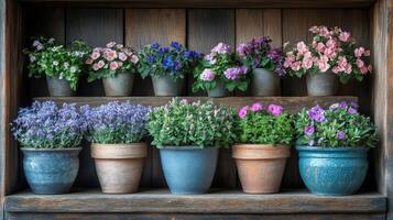 A shelf with pots of flowers on it photo
