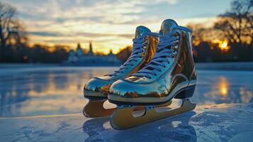 Golden ice skates on ice at sunset photo