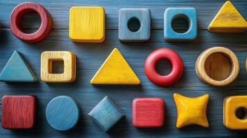Colorful wooden toys arranged in a circle on a blue background photo