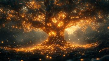 An image of a tree with glowing fireflies photo