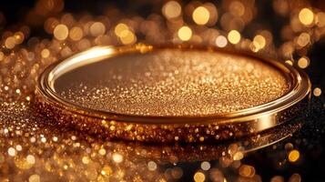 Golden ring on a shiny surface with bokeh photo