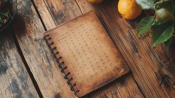 A notebook with a pencil on a wooden table photo