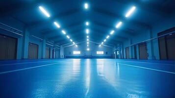 An empty indoor sports arena with blue lights photo