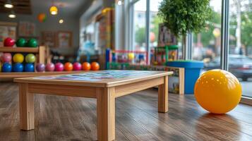 A wooden table with colorful balls on it photo