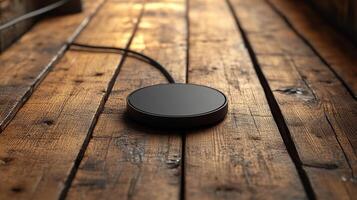 A black device on a wooden floor photo