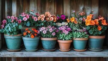 Many different types of flowers in pots on a shelf photo