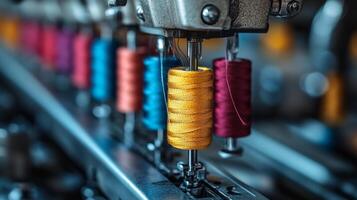 A close up of a sewing machine with spools of thread photo