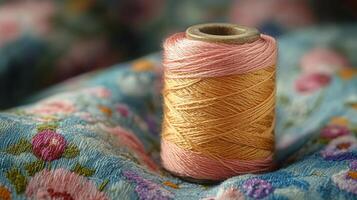 A spool of thread on a floral fabric photo