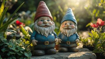 Two gnomes standing in a garden with flowers photo