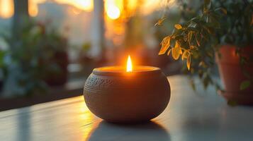 A candle is lit on a table in front of a window photo
