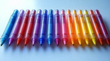 A row of colored pens on a white surface photo