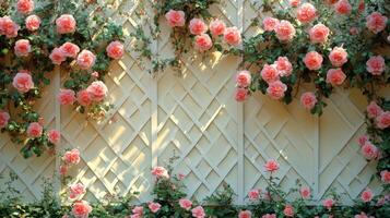 A wall covered with pink roses and vines photo
