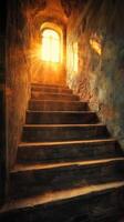 A stairway with a light shining through the window photo