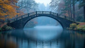 A bridge over a river in the middle of a foggy forest photo