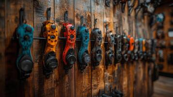 A row of colorful and black and orange knives on a wall photo