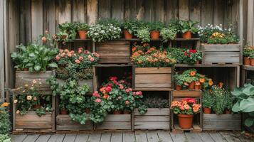 A wooden box with potted plants on it photo