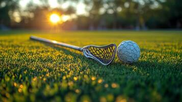 A lacrosse ball and a lacrosse stick laying on the grass photo