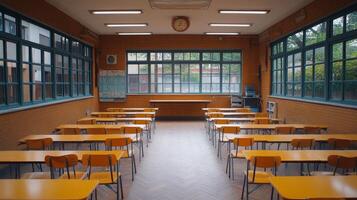 Empty classroom with yellow chairs photo