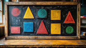 A chalkboard with colorful shapes on it photo