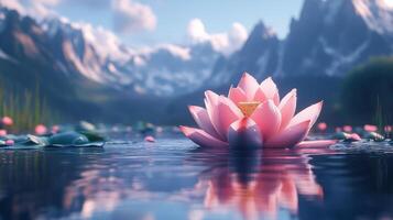 A pink lotus floating in a lake with mountains in the background photo