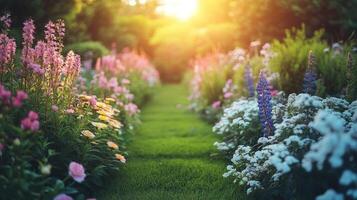 Beautiful garden with flowers and grass at sunset photo
