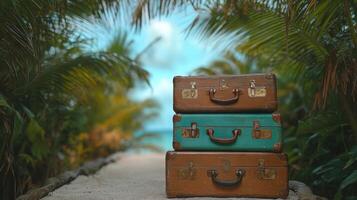 Three suitcases sitting on a beach with palm trees photo