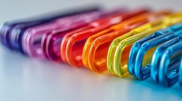A row of colorful plastic clips photo