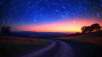 A dirt road with star trails in the sky photo