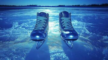 Ice skates on a frozen lake photo