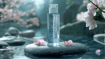 A bottle of water and a flower on a rock photo
