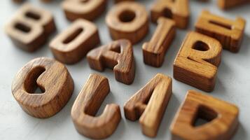 Wooden alphabet letters scattered on a flat surface for creative learning and decoration photo