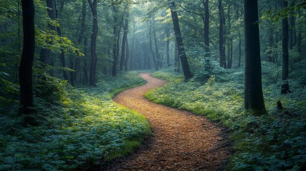 A path in the woods with trees and green grass photo