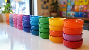 A row of colorful cups on a table photo
