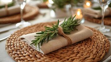 A table setting with a rosemary sprig on a wicker plate photo