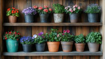 A shelf with many pots of flowers on it photo